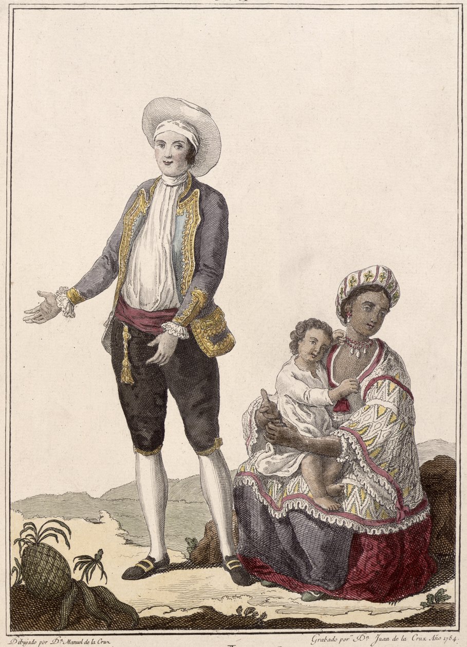 Španěl a jeho indická manželka, vyryl Juan de la Cruz, kolorovaná rytina z roku 1784 od Manuel de la Cruz y Cano