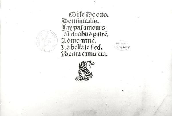 Titulní list z veřejné mše sloužené v Benátkách, kterou vytiskl Ottaviano Petrucci (1466-1539) 1505 od Marbriano de Orto