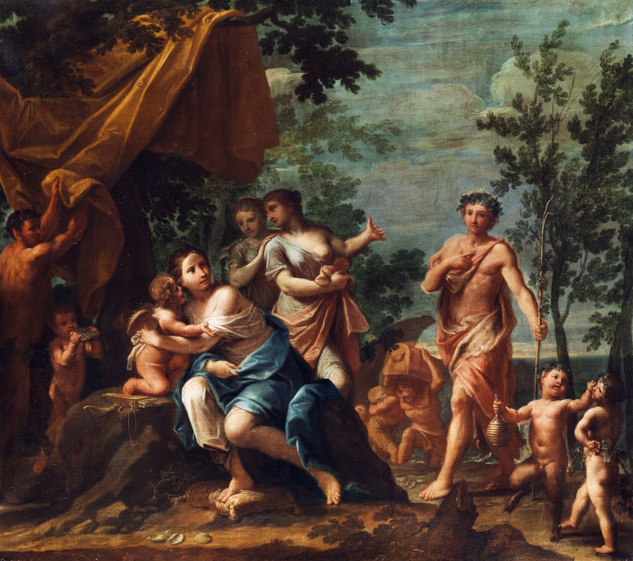 Apollo, když se pastýř blíží ke třem Grácím, s Venuší, Amorem, Amorem, Panem a Panchildren. od Marcantonio Franceschini