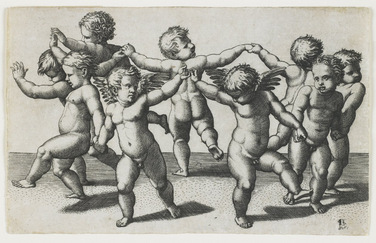 Dva Cupids vedou děti v tanci, c. 1517-1520 od Marcantonio Raimondi