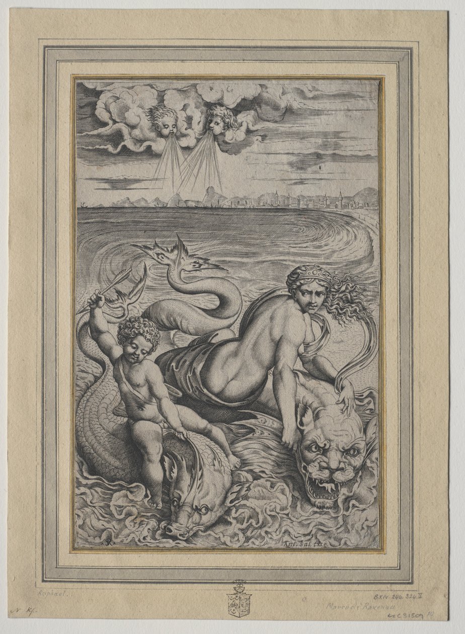 Love and Cupid Carried by Dolphins, 1500s. od Marco Dente