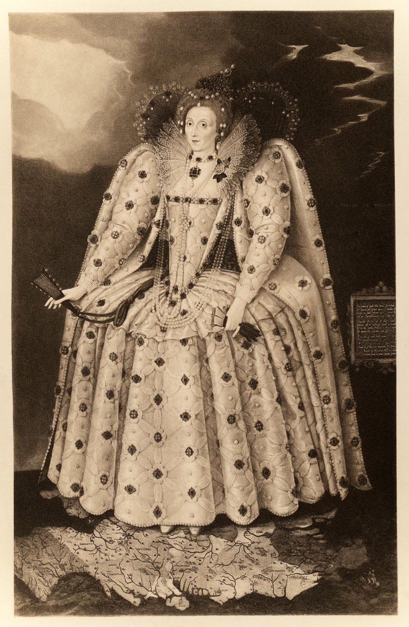 Královna Alžběta I. ("The Ditchley Portrait"), z knihy "James I and VI", vytiskl Manzi Joyant und Co. Paris, 1904 (kolotyp) od Marcus Garret Gheeraerts the Younger