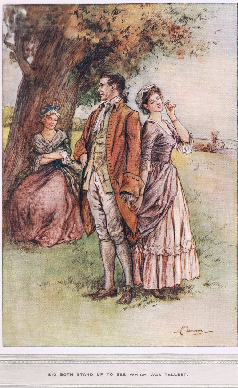 „Nabídněte oba vstát, abyste viděli, která je nejvyšší“, ilustrace z „Vikář z Wakefieldu“ od Olivera Goldsmitha, kolem roku 1910 od Margaret Jameson