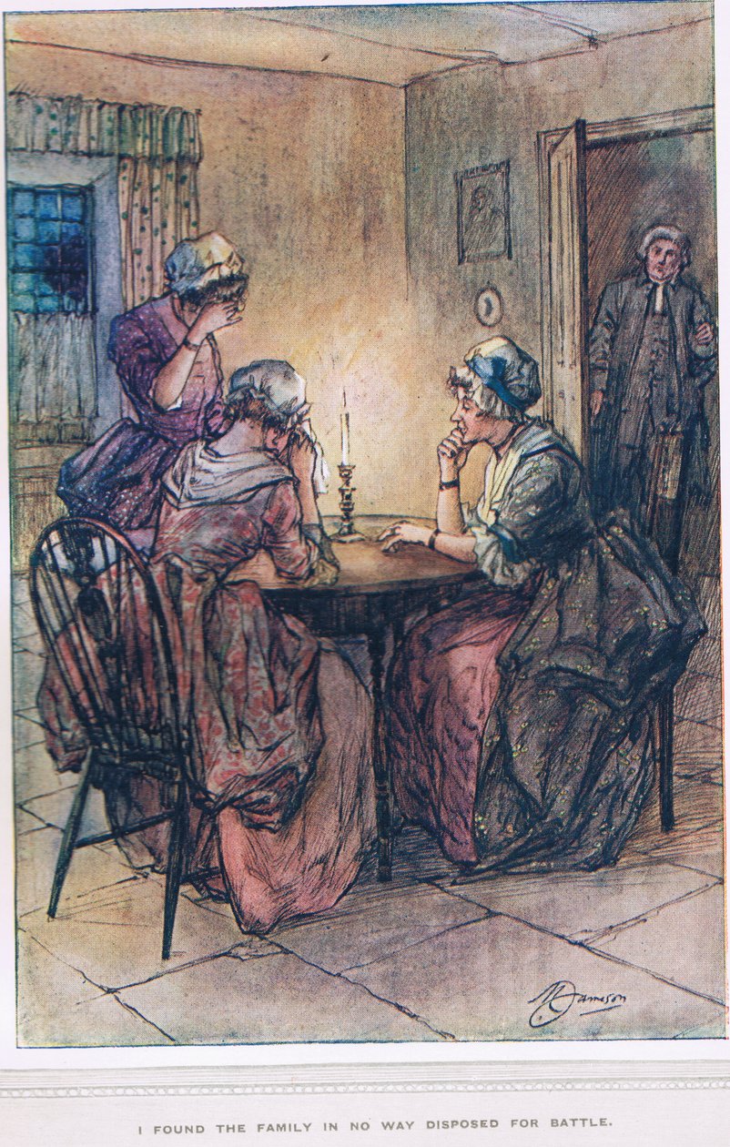 „Našel jsem rodinu nijak nakloněnou k boji“, ilustrace z „Vikář z Wakefieldu“ od Olivera Goldsmitha, kolem roku 1910 od Margaret Jameson