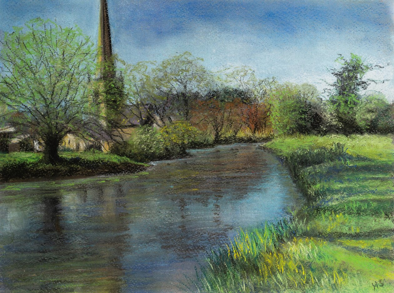 Burfordský kostel, Cotswolds, 2020 (pastel) od Margo Starkey