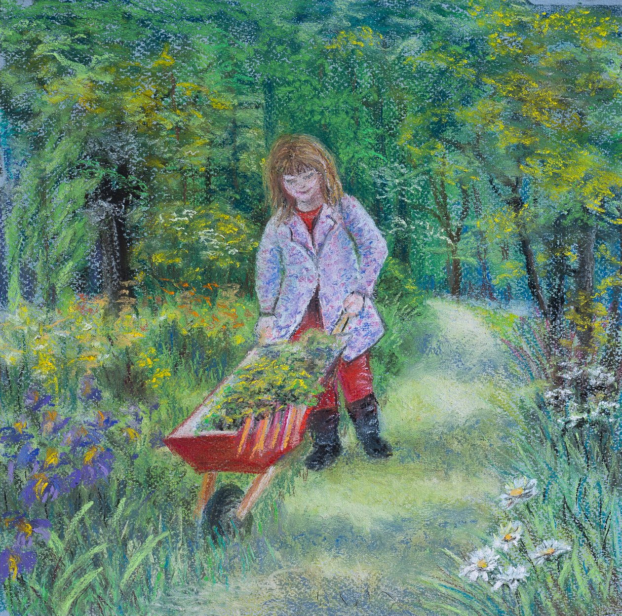 Pomáháme dědovi na zahradě, 2020 (pastel) od Margo Starkey