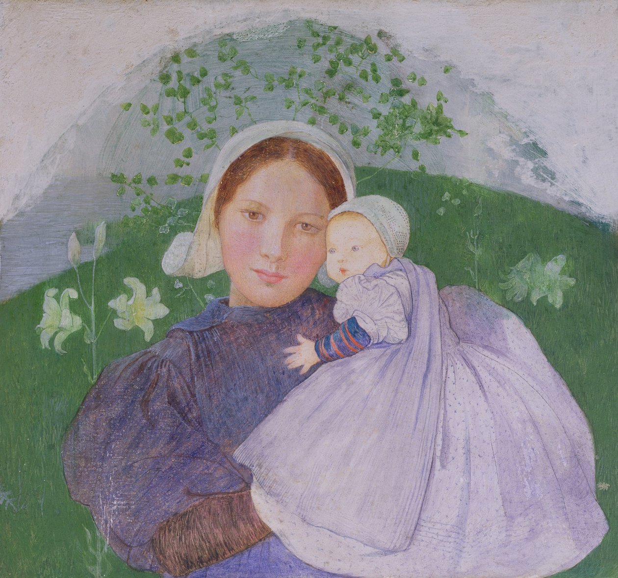 Matka a dítě, kolem roku 1899 (tempera a gesso na panelu) od Marianne Stokes