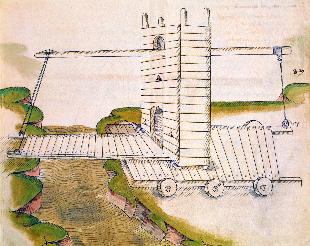 Design pro stroj s padacím mostem na kolech pro použití ve válce nebo obléhání, ilustrace od De Machinis (pero a inkoust a wc na papíře) od Mariano di Jacopo 1382 c.1453 after Mariano di Jacopo 1382 c.1453 after