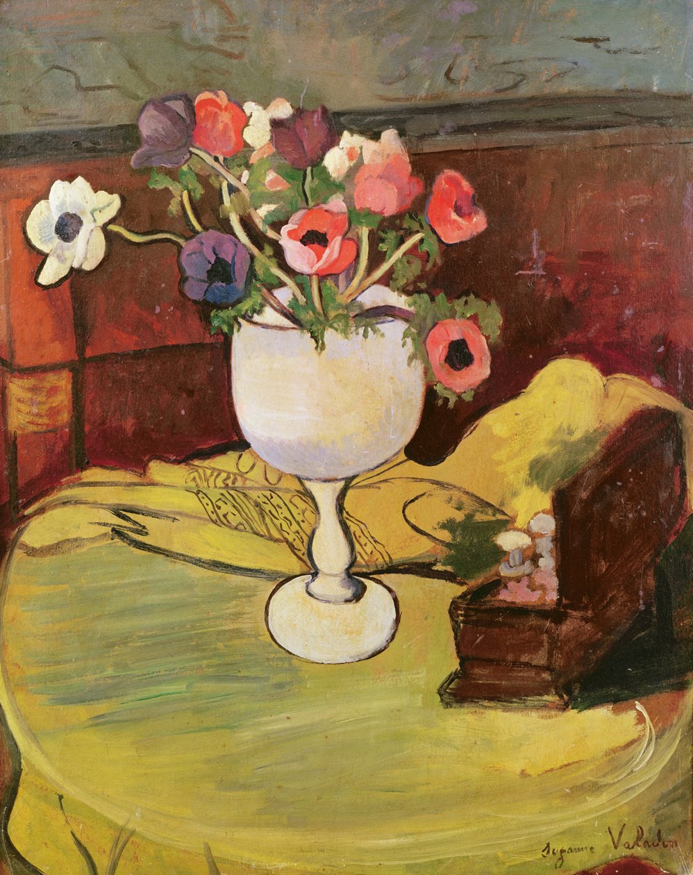 Váza s květinami, sasanky v bílé sklenici od Marie Clementine (Suzanne) Valadon
