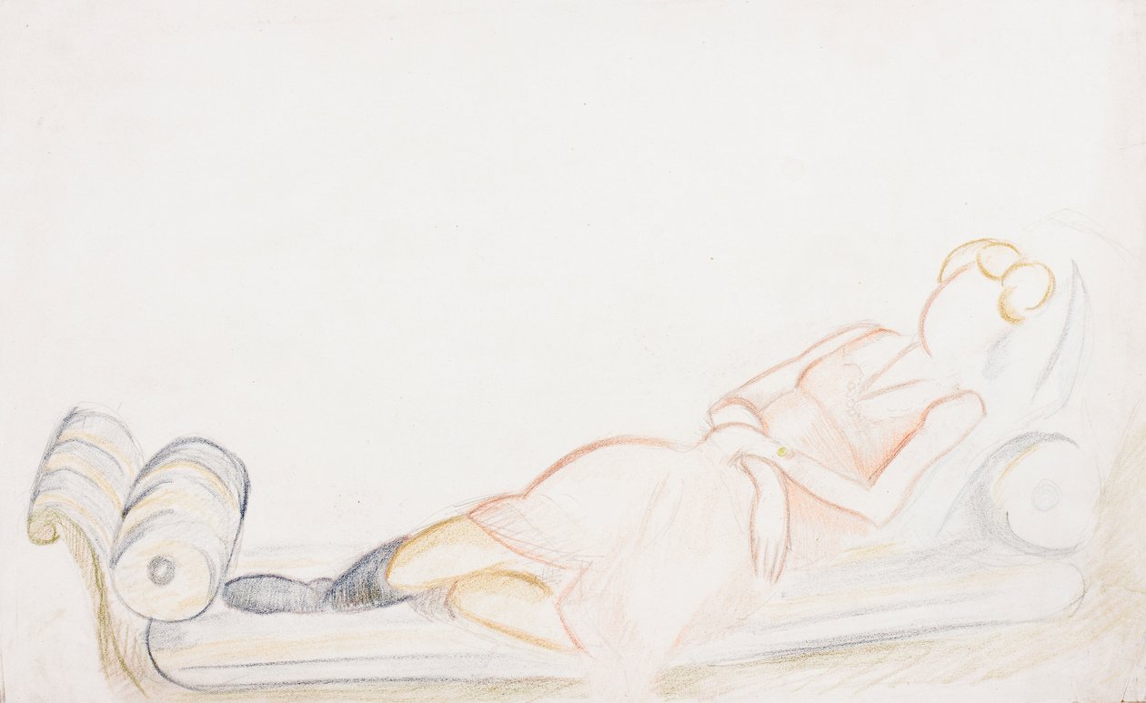 Christine Mavrogordato na denní posteli, kolem roku 1928 (tužka a pastelka na papíře) od Mark Gertler