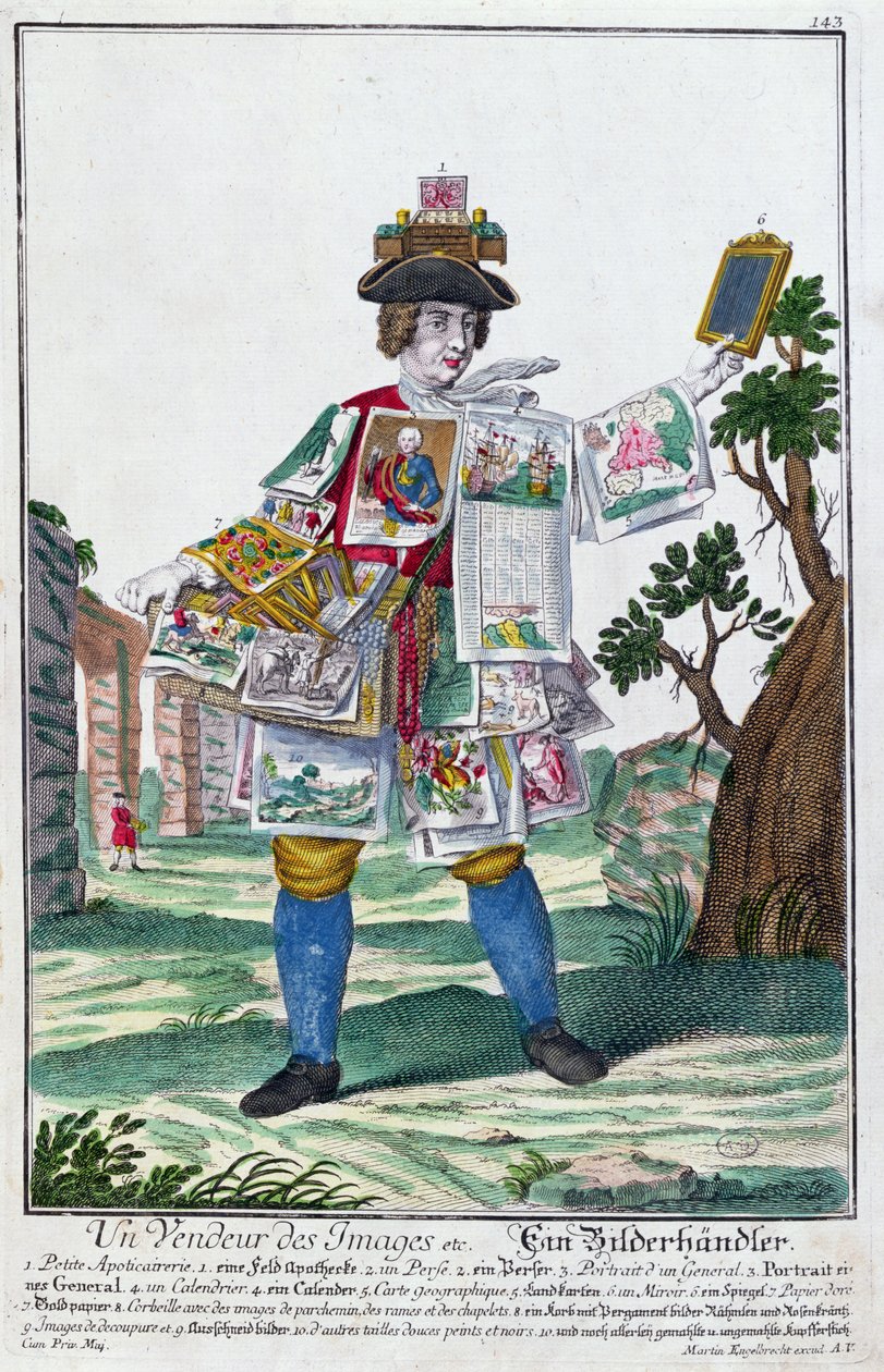 Prodejce obrázků, c.1735 (barevné rytí) od Martin Engelbrecht