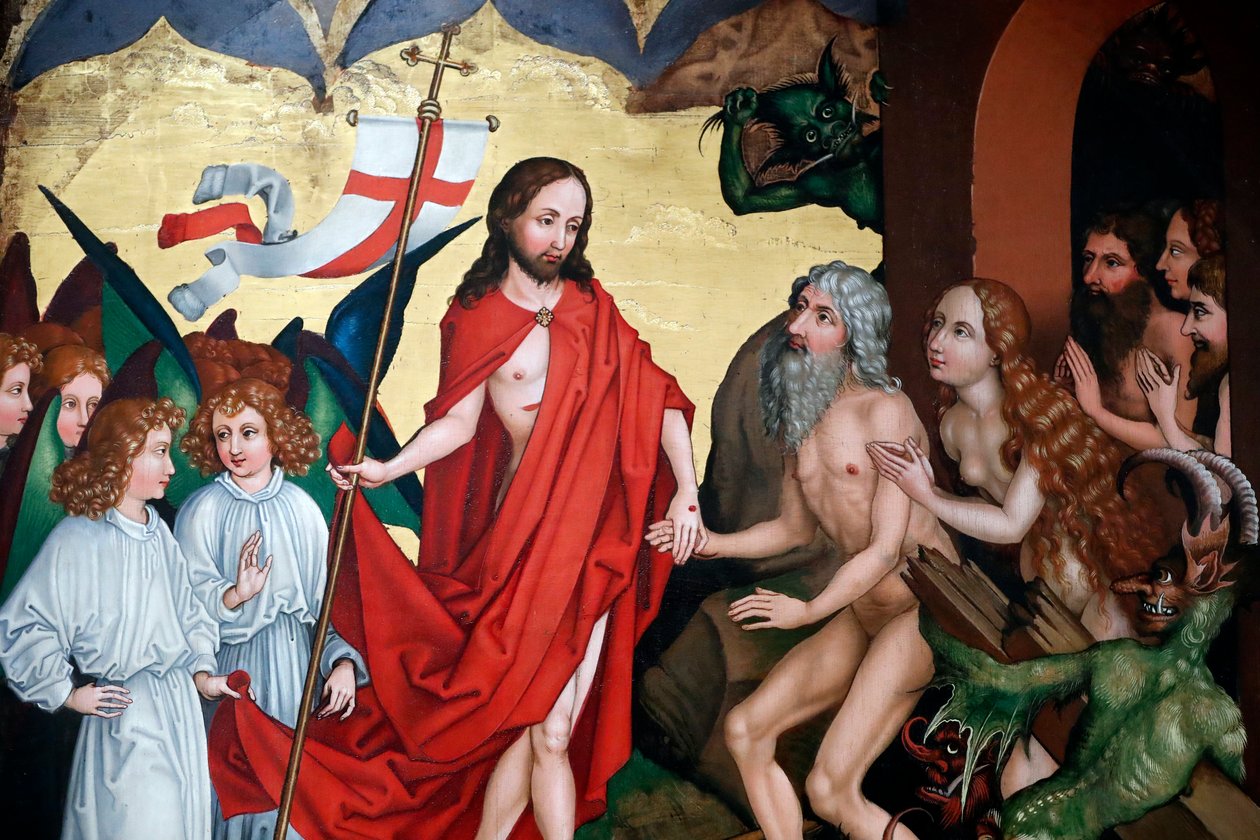 Ježíš při vzkříšení vytáhne Adama a Evu z jejich hrobů od Martin Schongauer