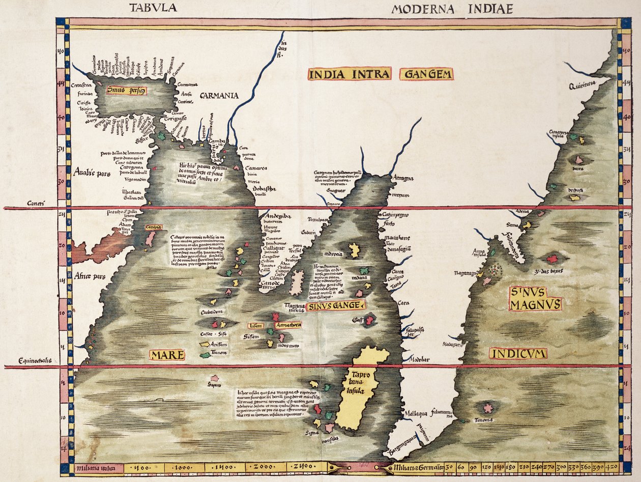 Rudé moře a Arabský záliv k údajnému Malajskému poloostrovu, ze štrasburského vydání Ptolemaiovy „Geographia“ od Martin Waldseemuller