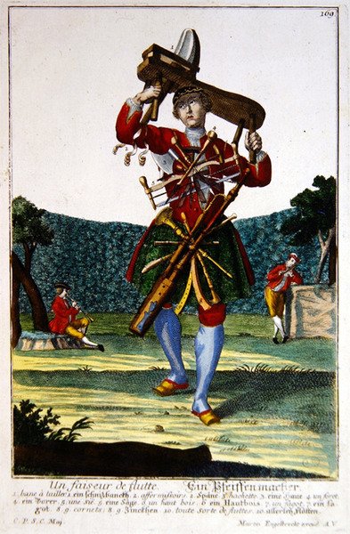 Flétnista, asi 1735 (kolorovaná rytina) od Martin Engelbrecht