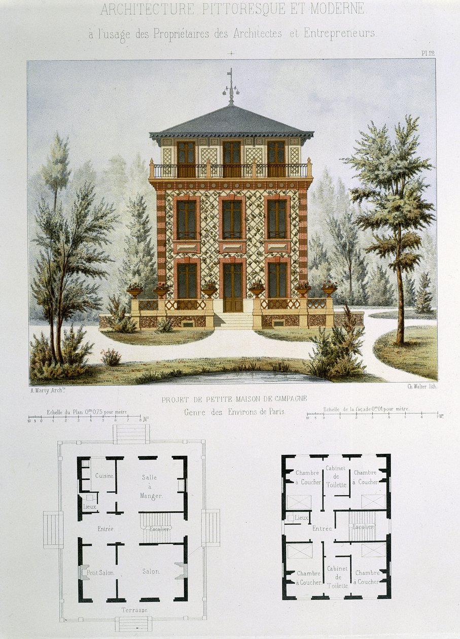 Projekt malého venkovského domu poblíž Paříže, vyrytý Walterem, deska 12 z „Architecture Pittoresque et Moderne“ od Marty
