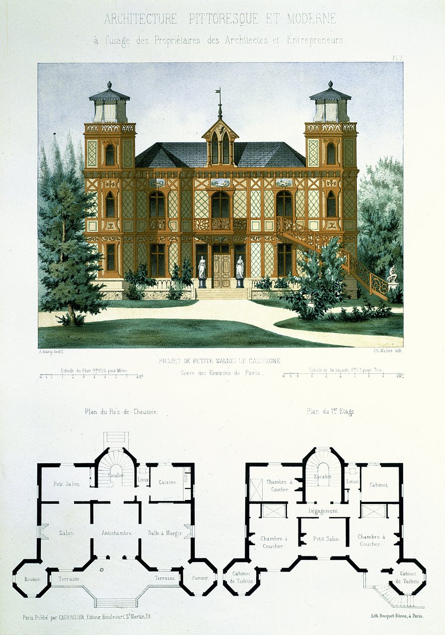 Projekt malého venkovského domu poblíž Paříže, vyrytý Walterem, deska 7 z „Architecture Pittoresque et Moderne“ od Marty