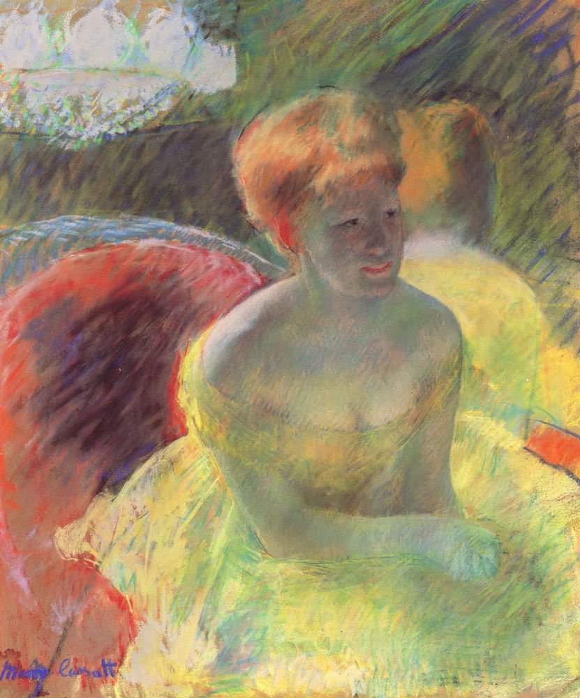 Lydia opírající se o ruce v divadelním boxu od Mary Cassatt