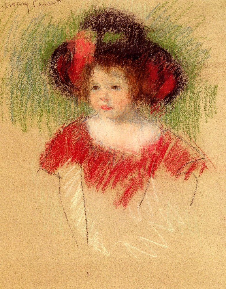 Margot Ve Velké Bonnett A červených šatech od Mary Cassatt