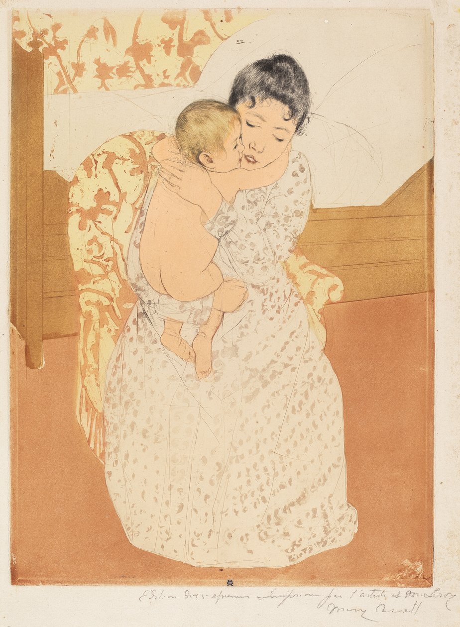 Mateřské pohlazení, 1890-1 (barevná suchá jehla a akvatinta na krémově položeném papíře) od Mary Cassatt