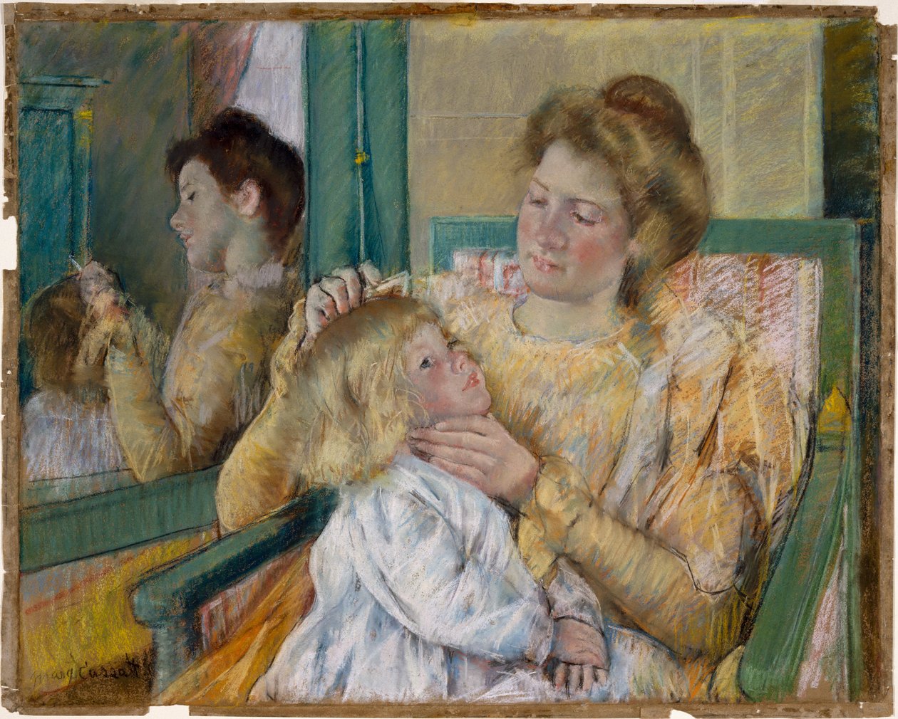 Matka si češe vlásky, kolem roku 1901 (pastel na šedém papíře) od Mary Cassatt