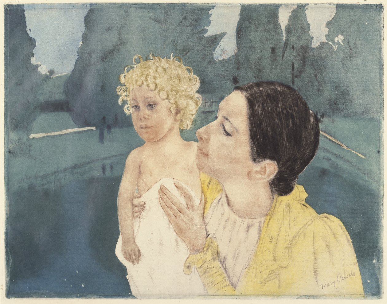 Matka a dítě před bazénem, 1898 (suchá jehla a akvatinta na položeném papíře) od Mary Cassatt