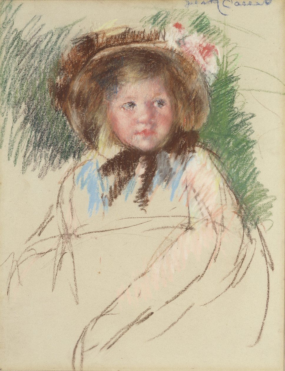 Sara v tmavé čepici uvázané pod bradou, kolem roku 1901 od Mary Cassatt
