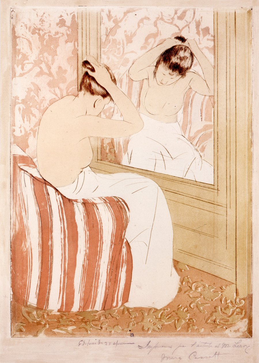 The Coiffure (inkoust a dřevěné uhlí na papíře) od Mary Cassatt