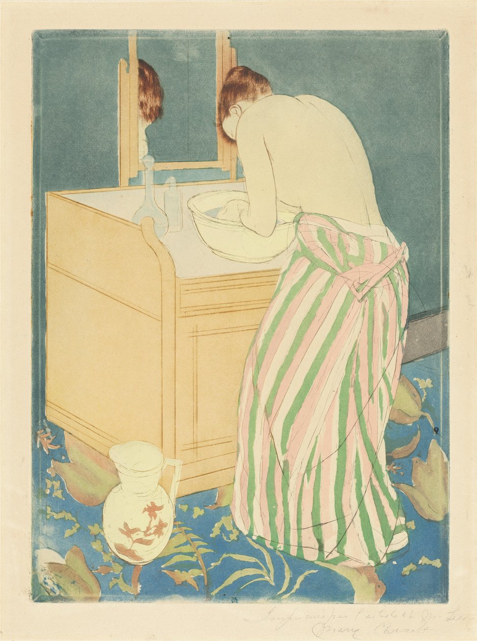 Žena koupající se, 1890-1 (barevná suchá jehla a akvatinta na silném papíře) od Mary Cassatt