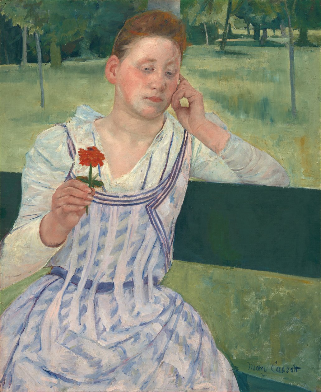 Žena s červenou cínií od Mary Cassatt