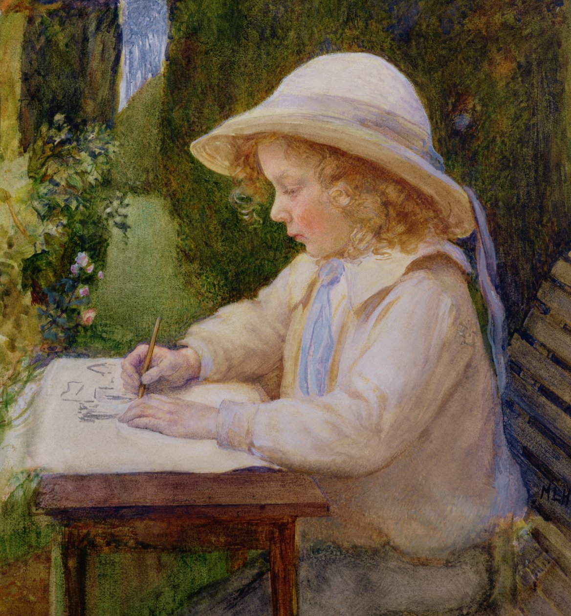 Dívka kreslící na zahradní stůl (studie) od Mary Harcourt