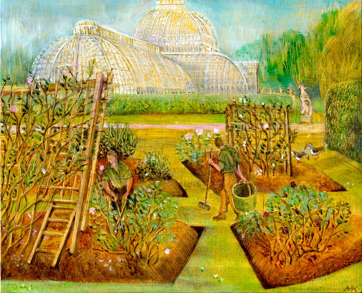 Gardeners, Kew, 2002 (olej na palubě) od Mary Kuper