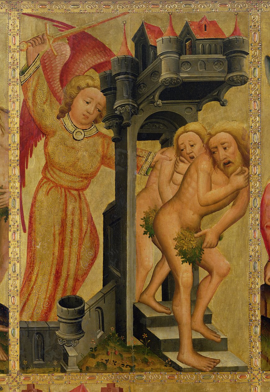 Vyhnání z rajské zahrady, detail z The Grabow Altarpiece, 1379-83 (tempera na panelu) od Master Bertram of Minden