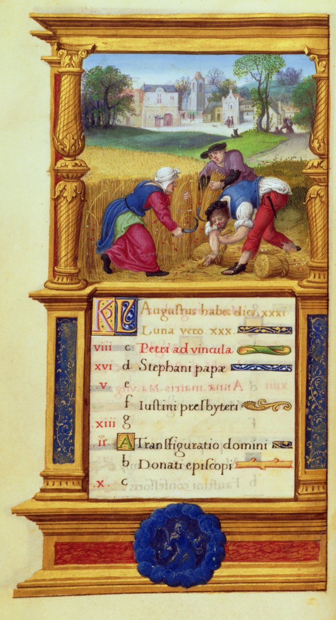 MS W.449 fol. 9v August Reaping Wheat, cca 1525 od Master Jean de Mauleon