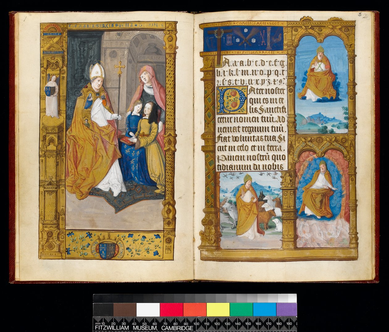 Paní 159, fol 2v a 3r Anna Bretaňská předložená svatému Claudovi, z „Primer of Claude of France“ (inkoust a zlatý inkoust na pergamenu) od Master of Antoine de Roche