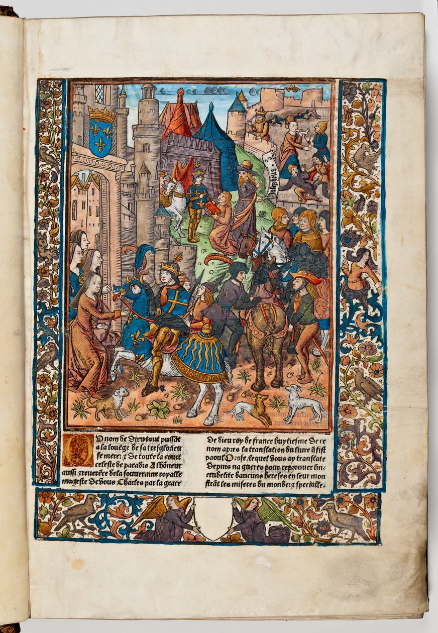 Tiskař Verard představuje svou knihu Karlu VIII., 1492 (ručně kolorovaný tisk) od Jacques de Besancon
