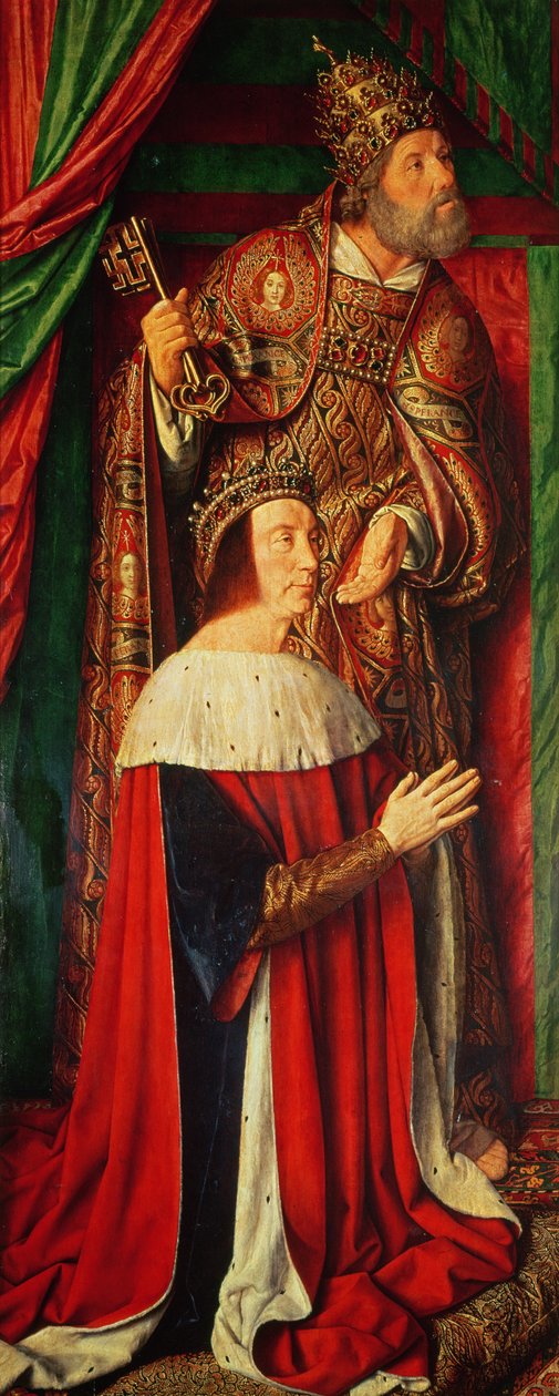 Peter II de Beaujeu Bourbonský se svatým Petrem, levé křídlo Bourbonského oltáře od Master of Moulins