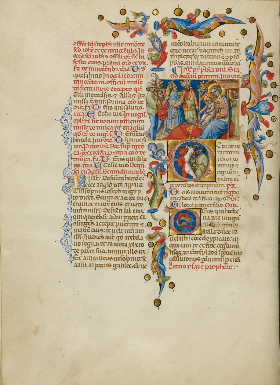 Klanění tří králů; Počáteční E: Nositelé mečů od Master of the Brussels Initials