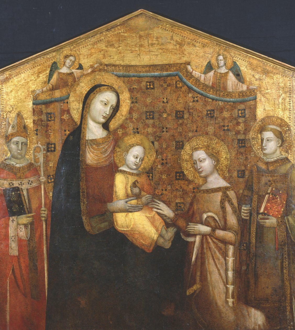 Mystický sňatek svaté Kateřiny Alexandrijské se svatými Zenobiem a Leonardem (tempera na panelu) od Master of the Christchurch Coronation