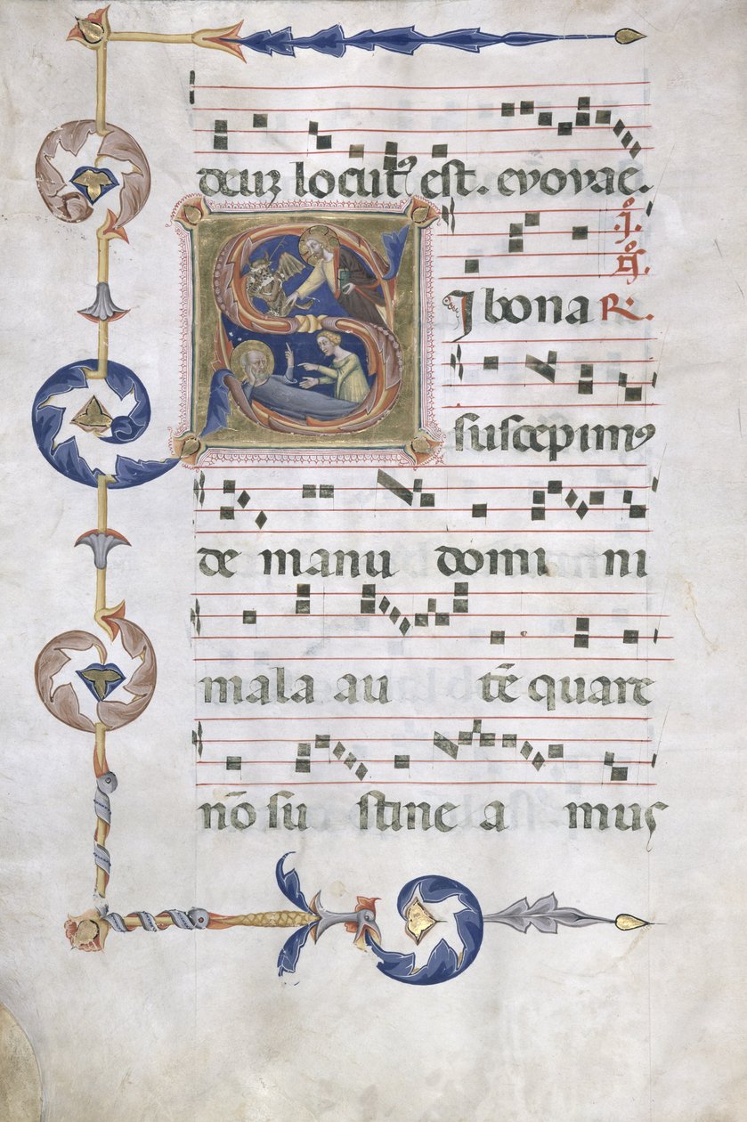 Ms 564 f.13v Stránka s historizující iniciálou "S" s vyobrazením Stálosti Joba, počátek 14. století od Master of the Dominican Effigies