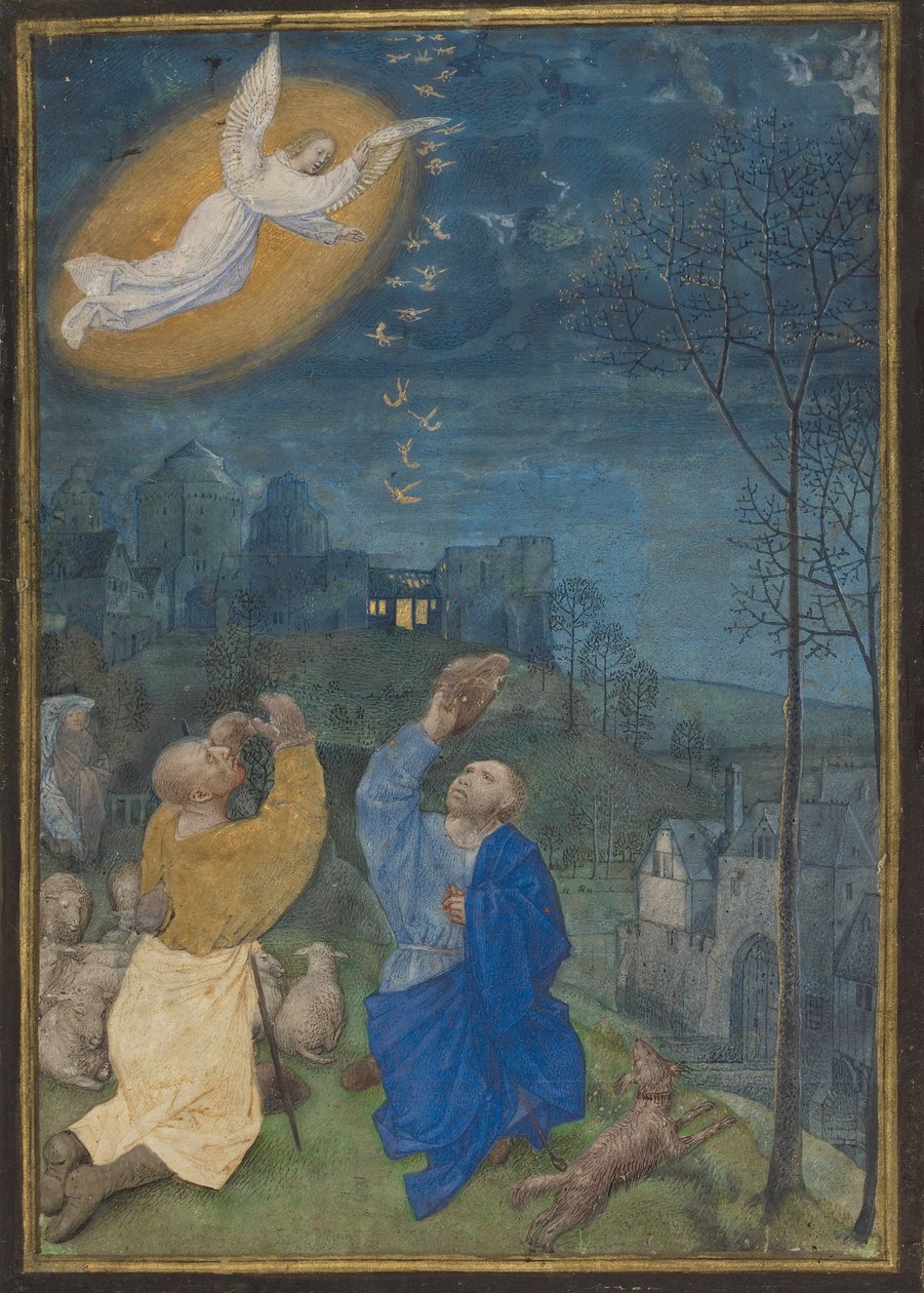 Oznámení pastýřům, oddělená miniatura Emerson-White Hours od Master of the Houghton Miniatures