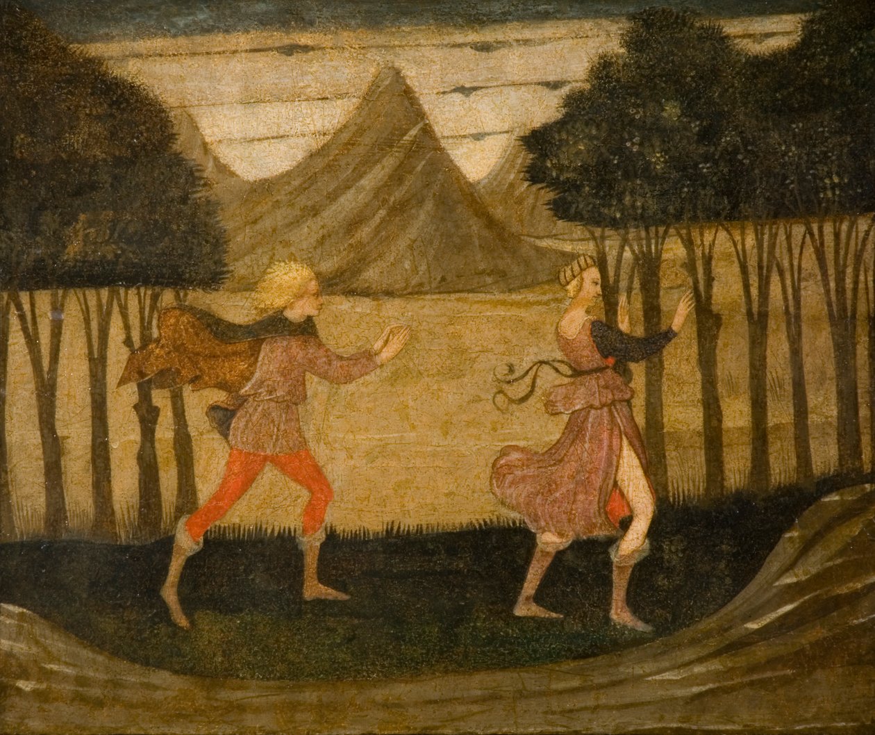 Daphne pronásledovaná Apollem (tempera na panelu) (viz také 90393) od Master of the Judgement of Paris