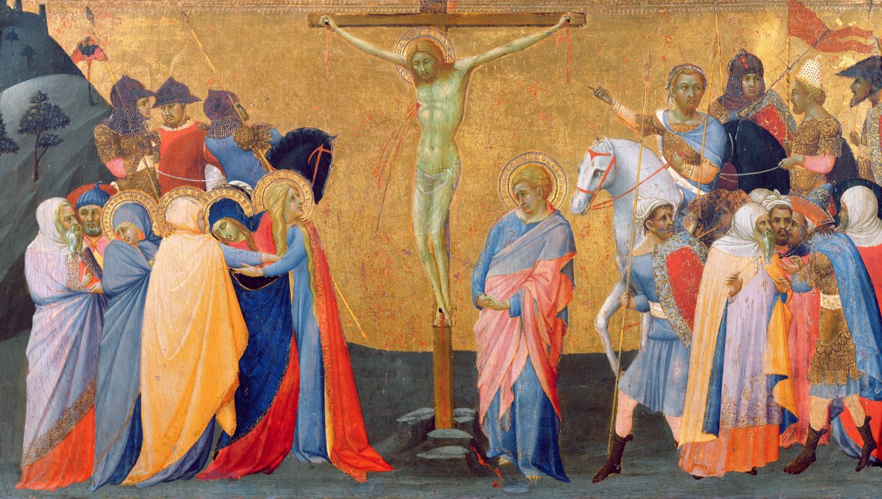 Ukřižování, z panelu predella (tempera na panelu) od Master of the Madonna of San Pietro of Ovila