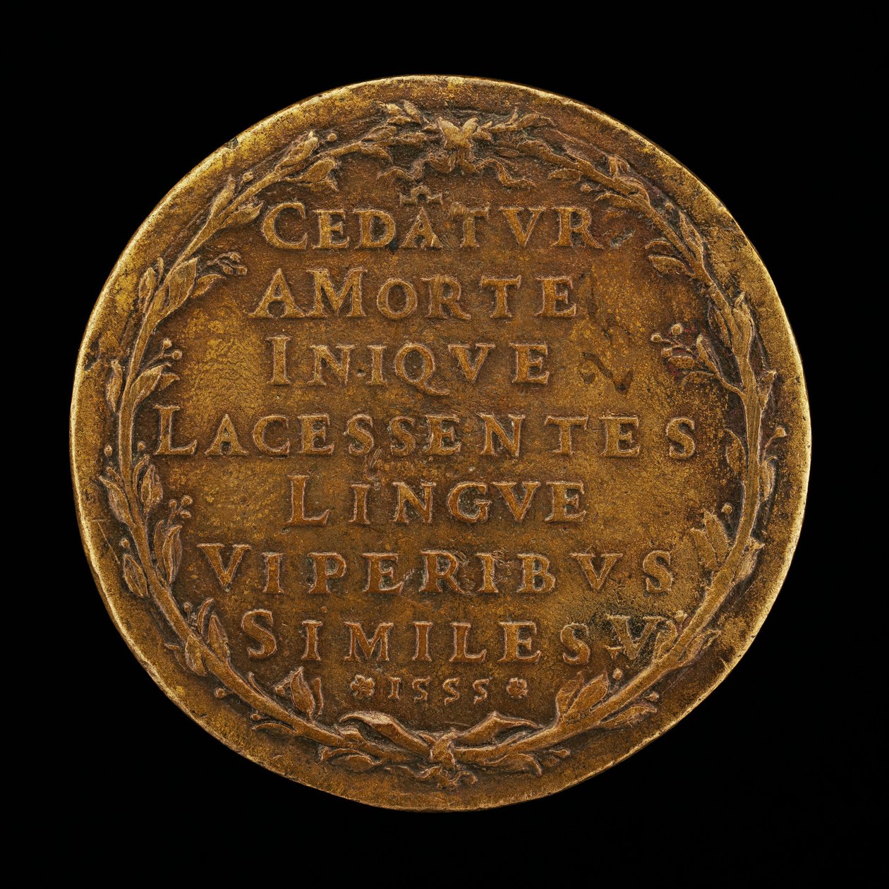 Nápis ve vavřínovém věnci [revers], 1555. od Master I.A.V.F.