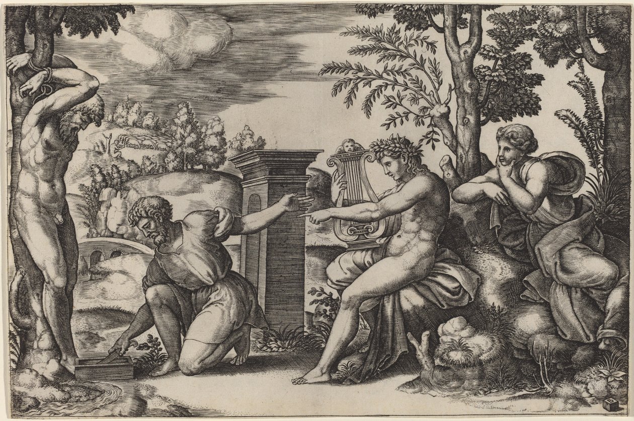 Apollo a Marsyas od Master of the Die after Raphael