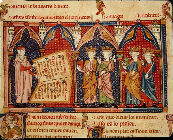 Fol.5v Mistr Ermengaut představuje svou knihu čtyřem králům od Matfre Ermengaut