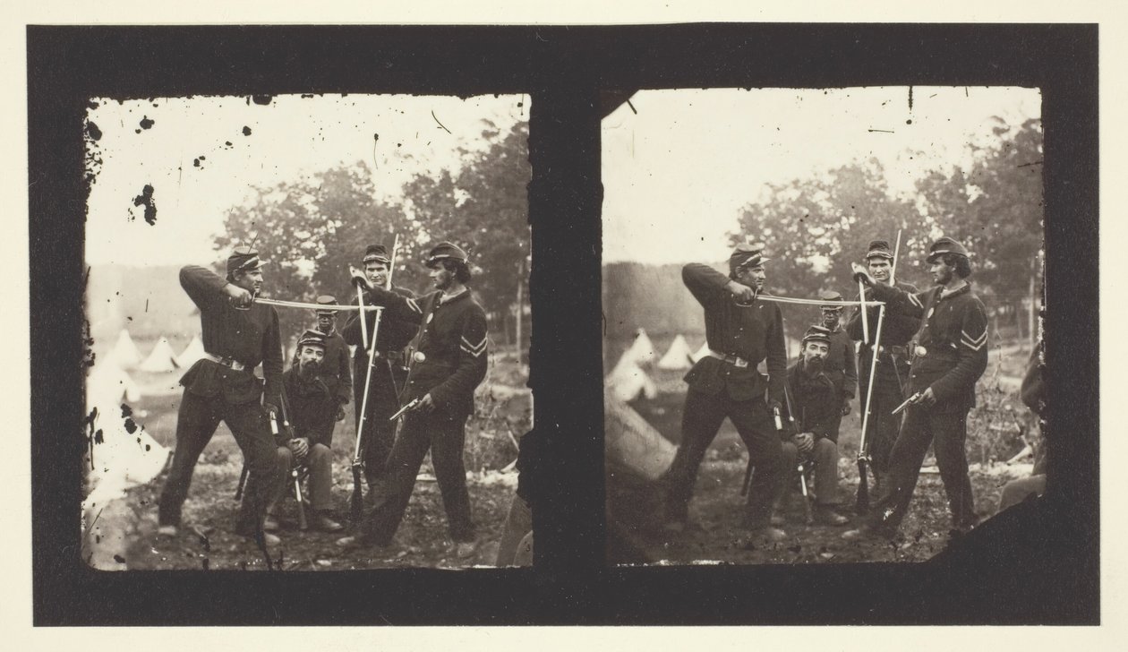 Bez názvu [Američtí vojáci pózují se zbraněmi], 1850-1900. od Mathew Brady