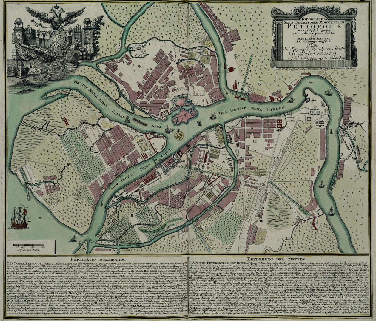 Mapa Petrohradu, 1744 od Matthaeus Seutter
