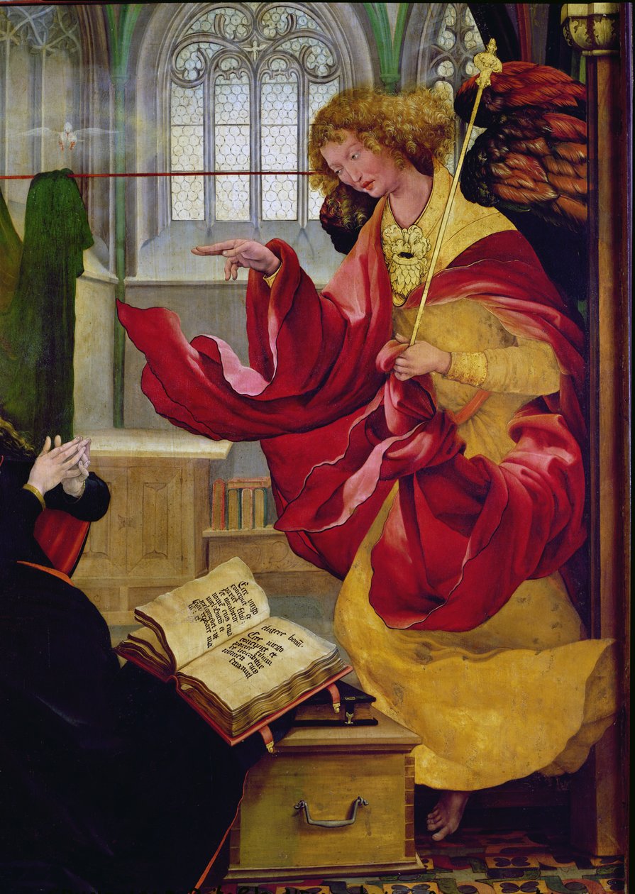 Archanděl Gabriel, detail ze Zvěstování z Isenheimského oltáře, kolem 1512-16 od Matthias Grünewald