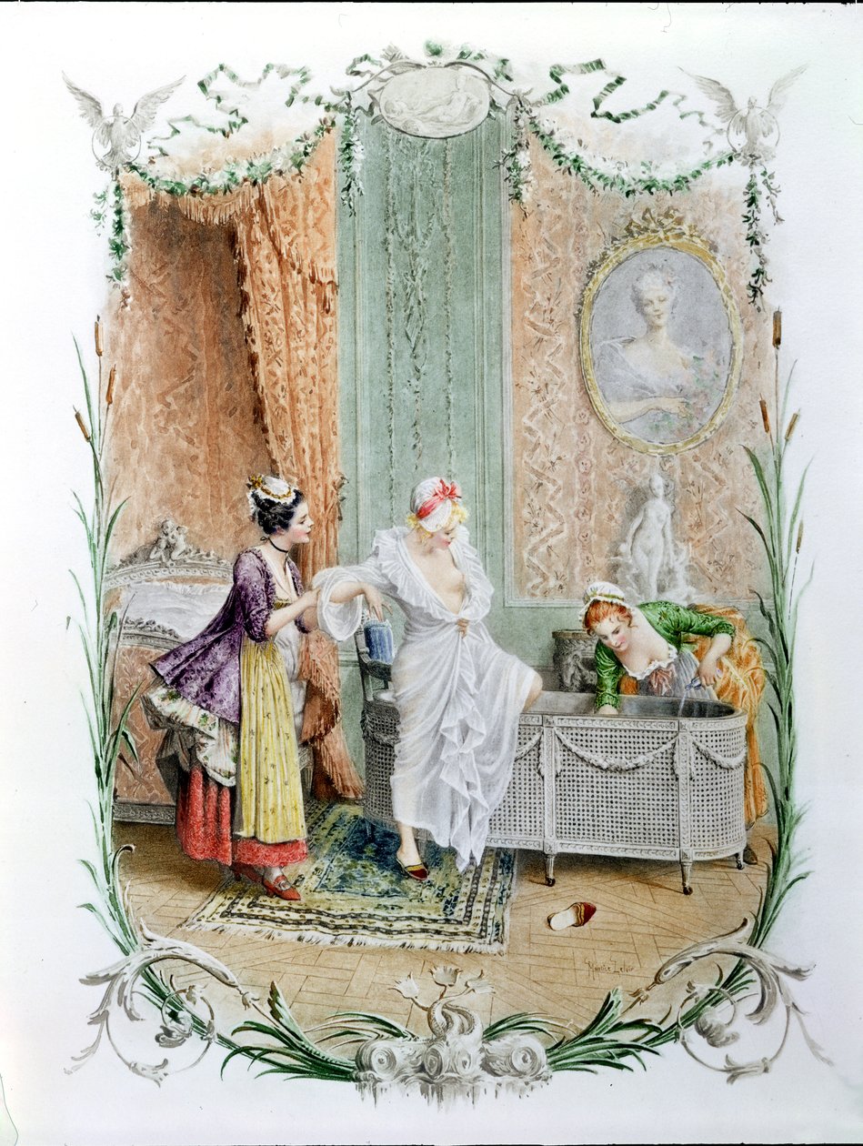 Ranní koupel, ilustrace elegantního pařížského života ve druhé polovině 18. století, kolem roku 1890 od Maurice Leloir
