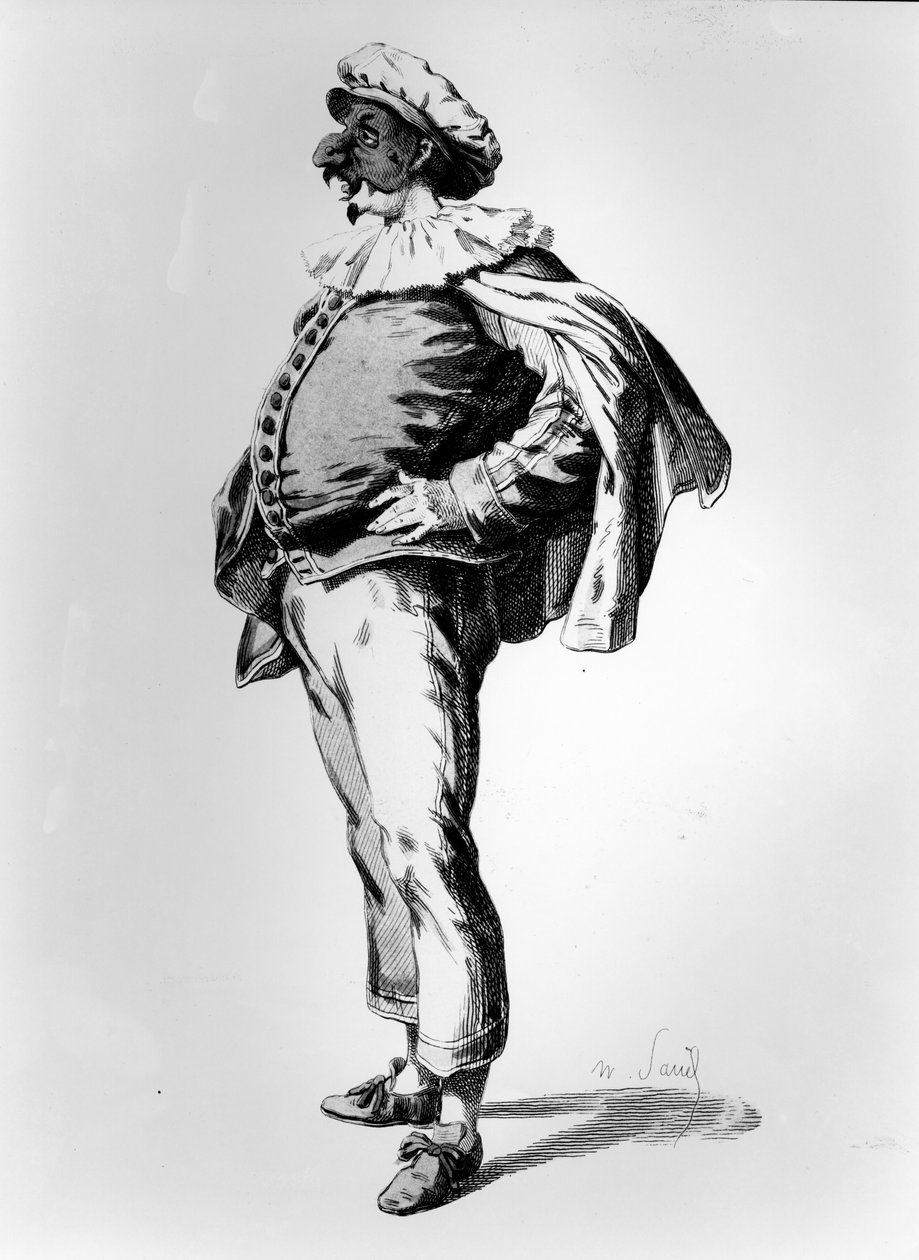 Polichinelle, vyobrazená ve scénickém kostýmu z let 1685, 1860 od Maurice Sand